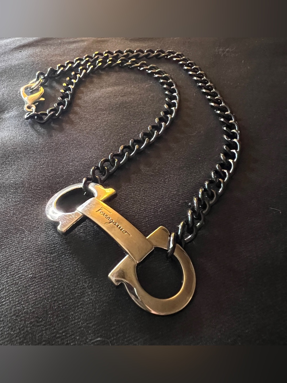Men’s Ferragamo Gunmetal Black Stainless Chain Necklace 20” - Picture 2 of 11